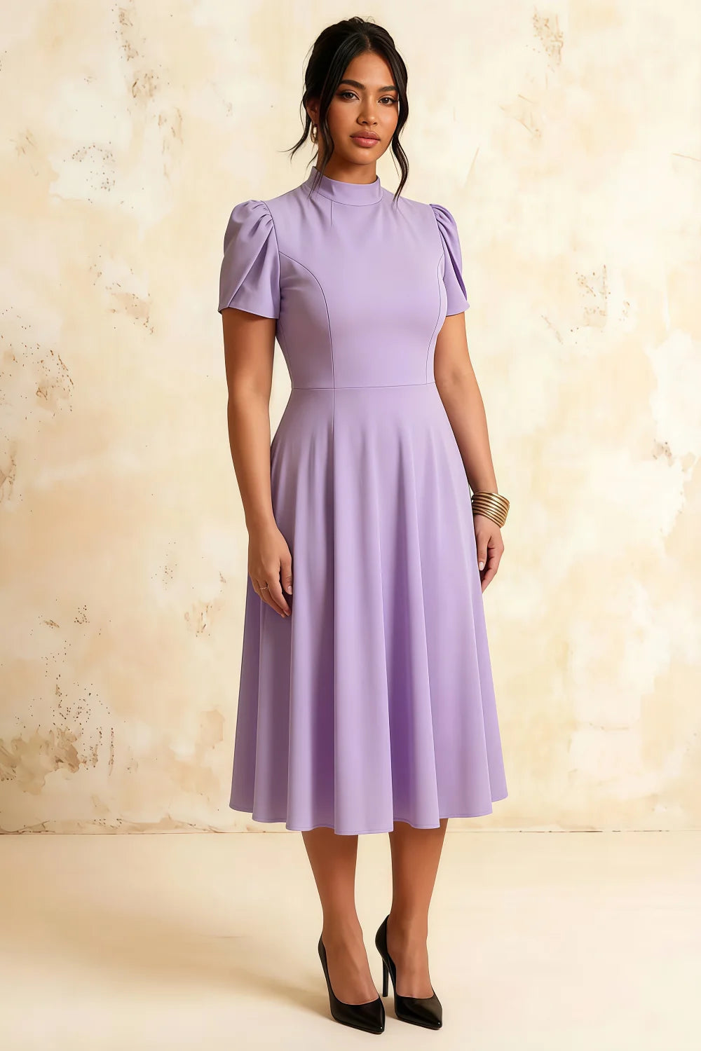 Vestido midi Iris Lavender de cuello alto en crepé de buceo