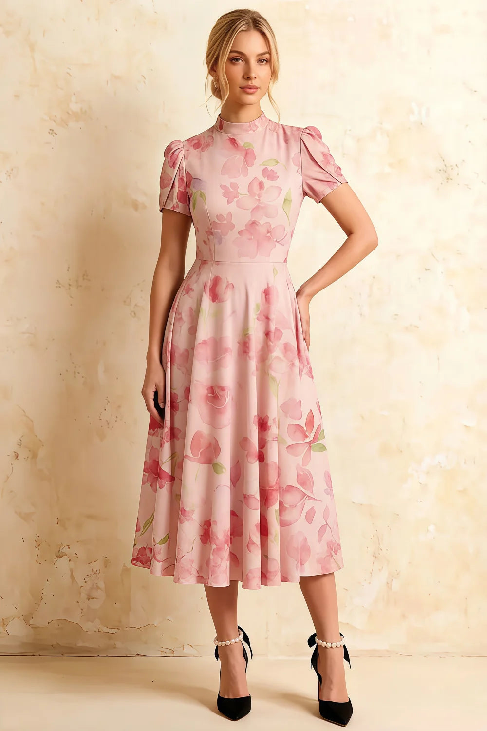 Vestido midi con cuello alto y estampado floral Iris en rosa claro Imagen principal del producto