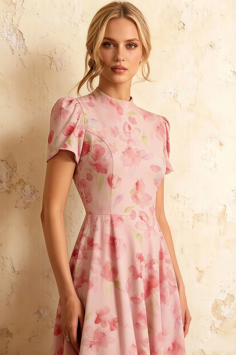 Vestido midi con cuello alto y estampado floral Iris en rosa claro