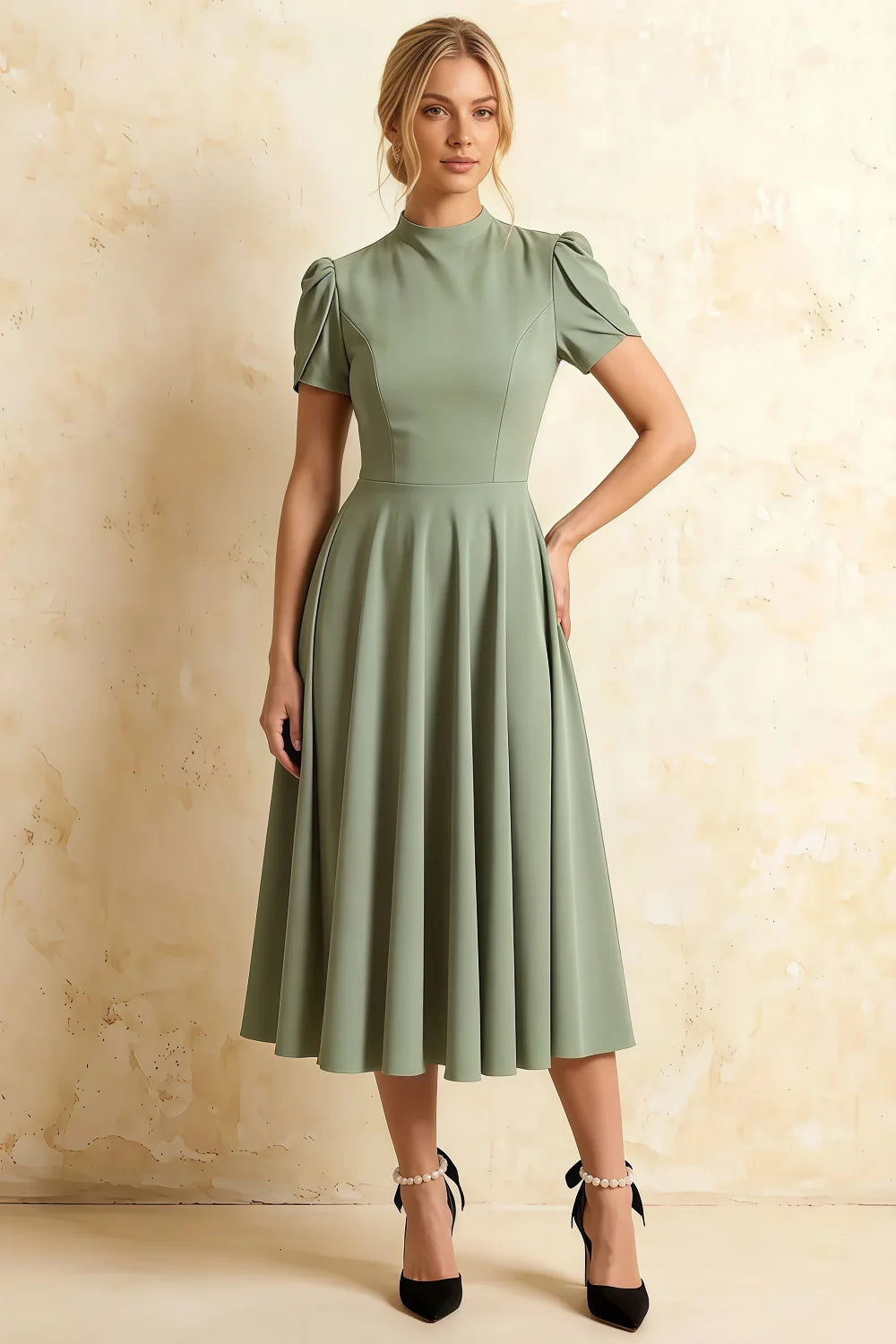Iris Mint Scuba Crepe High Neck Midi Dress Main image