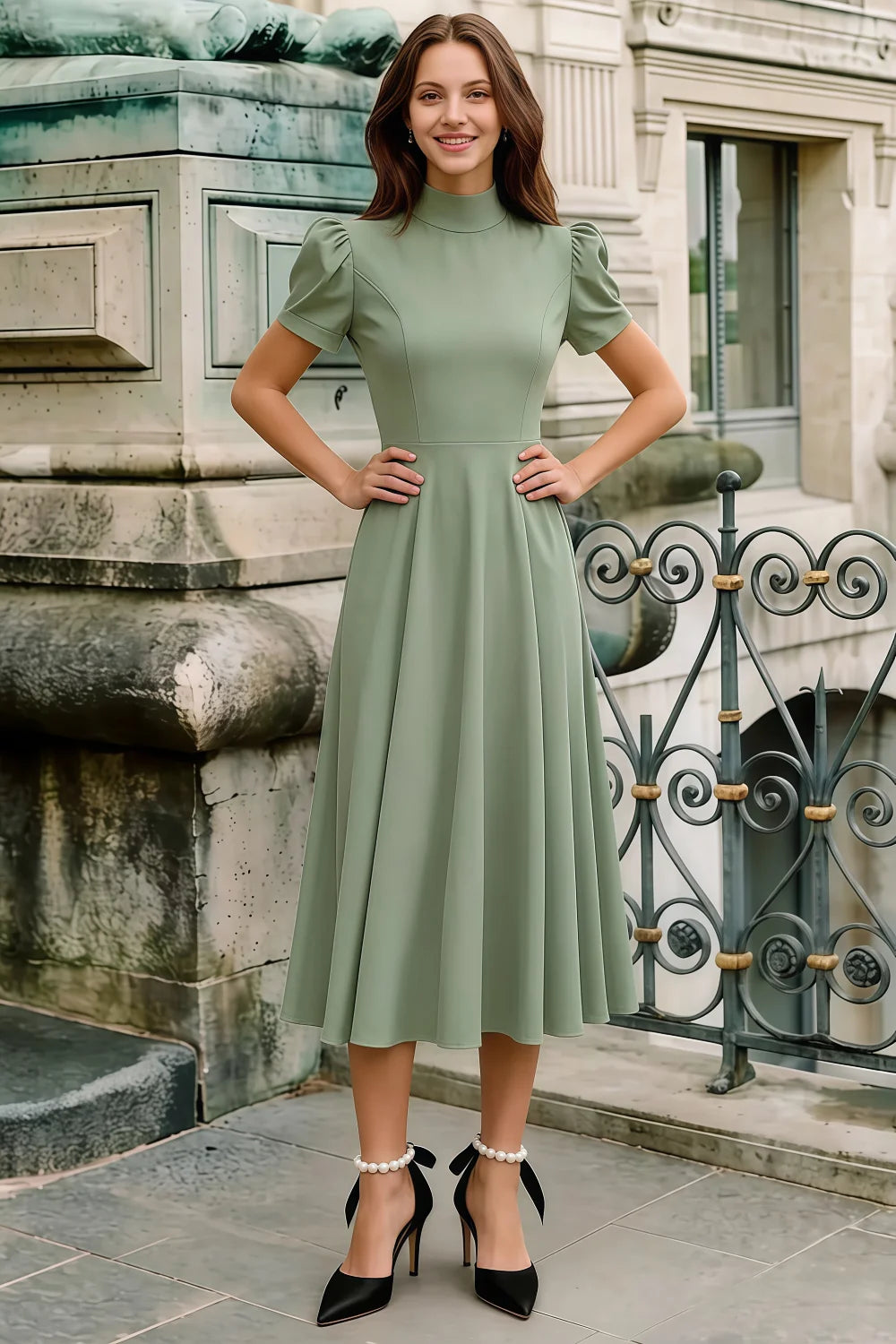 Iris Mint Scuba Crepe High Neck Midi Dress