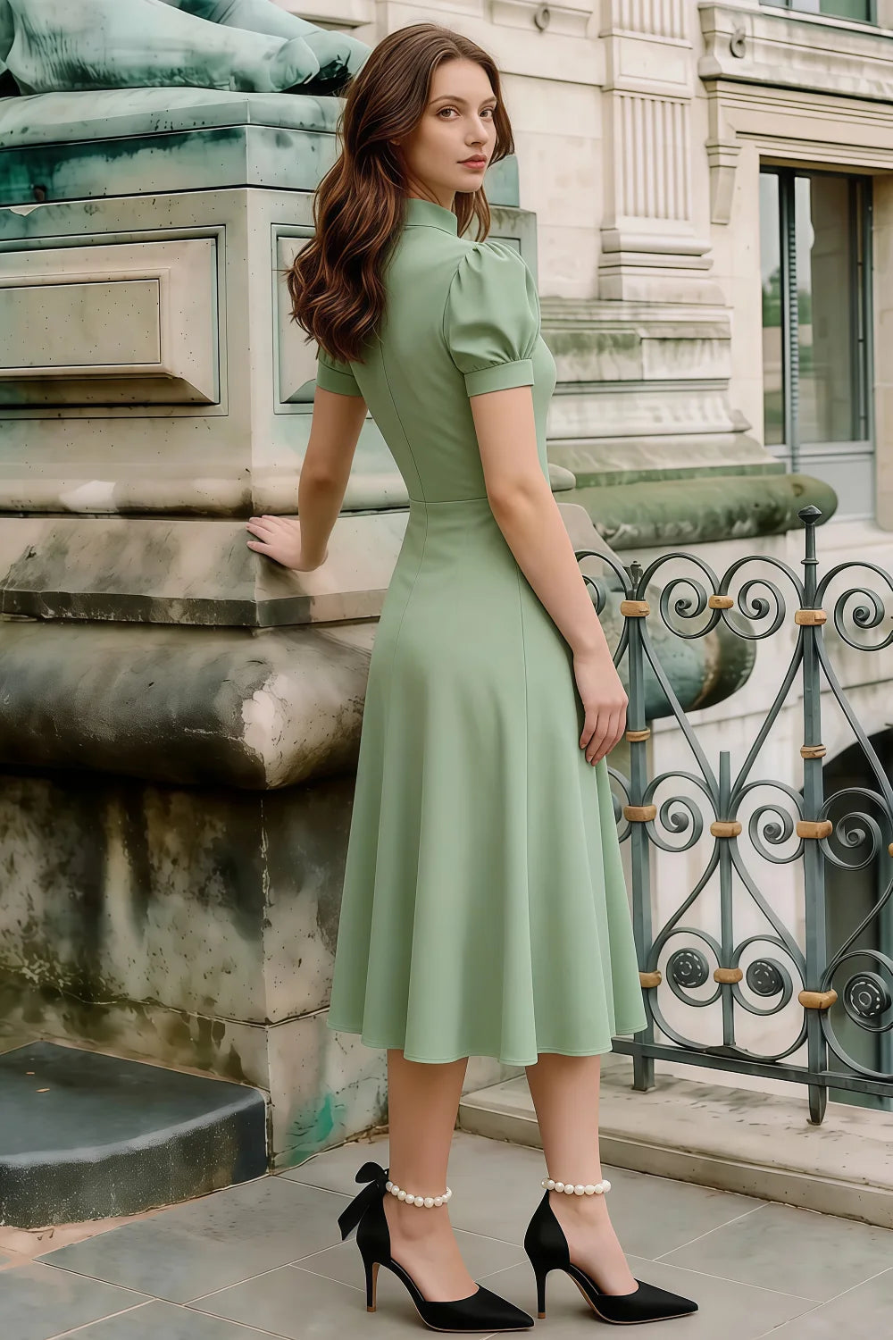 Iris Mint Scuba Crepe High Neck Midi Dress