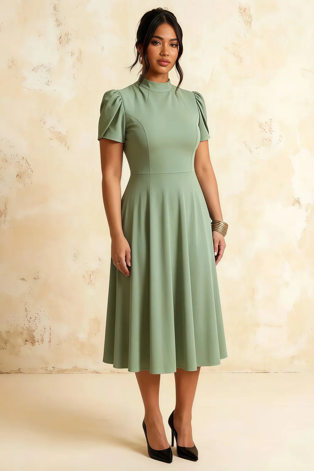 Iris Mint Scuba Crepe High Neck Midi Dress