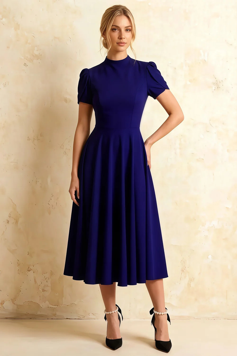 Vestido midi Iris azul marino de crepé scuba con cuello alto Imagen principal del producto
