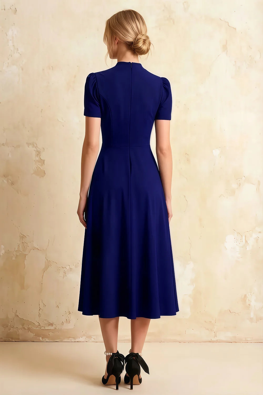 Iris Navy Blue Scuba Crepe High Neck Midi Dress