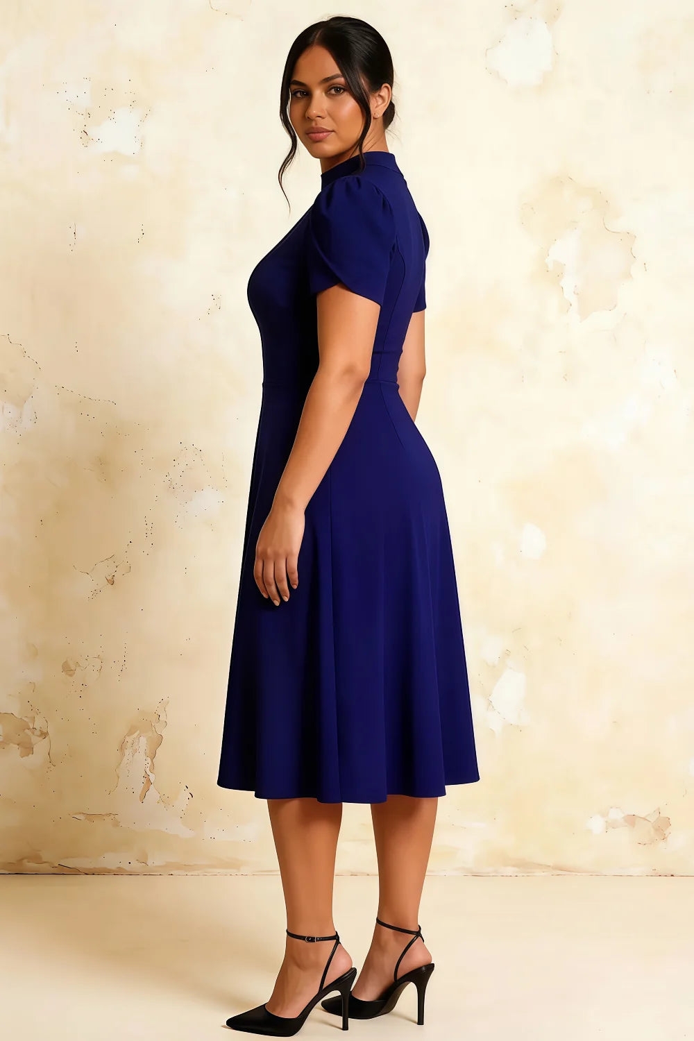 Iris Navy Blue Scuba Crepe High Neck Midi Dress