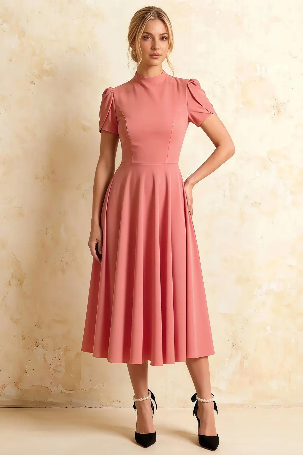 Vestido midi de cuello alto de crepé y buceo rosa Iris