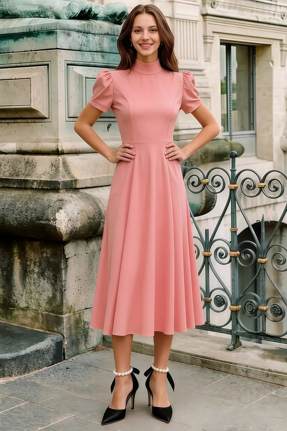 Vestido midi de cuello alto de crepé y buceo rosa Iris