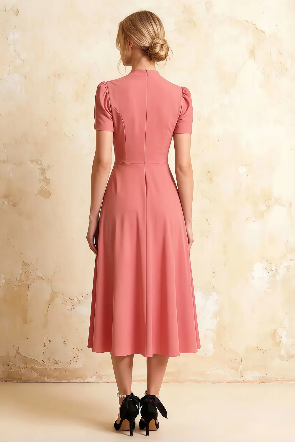 Vestido midi de cuello alto de crepé y buceo rosa Iris