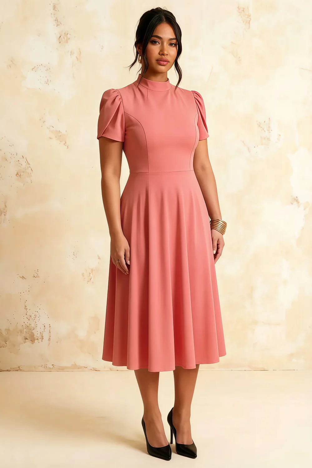 Vestido midi de cuello alto de crepé y buceo rosa Iris