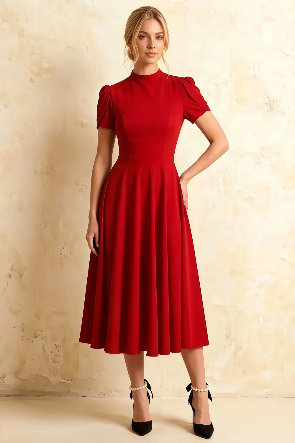 Iris Red Scuba Crepe High Neck Midi Dress Main image