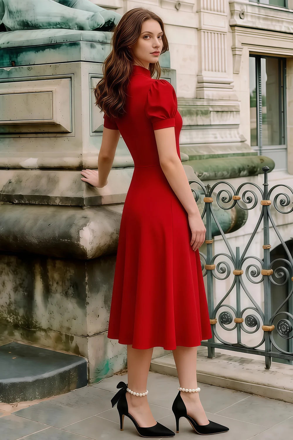 Iris Red Scuba Crepe High Neck Midi Dress