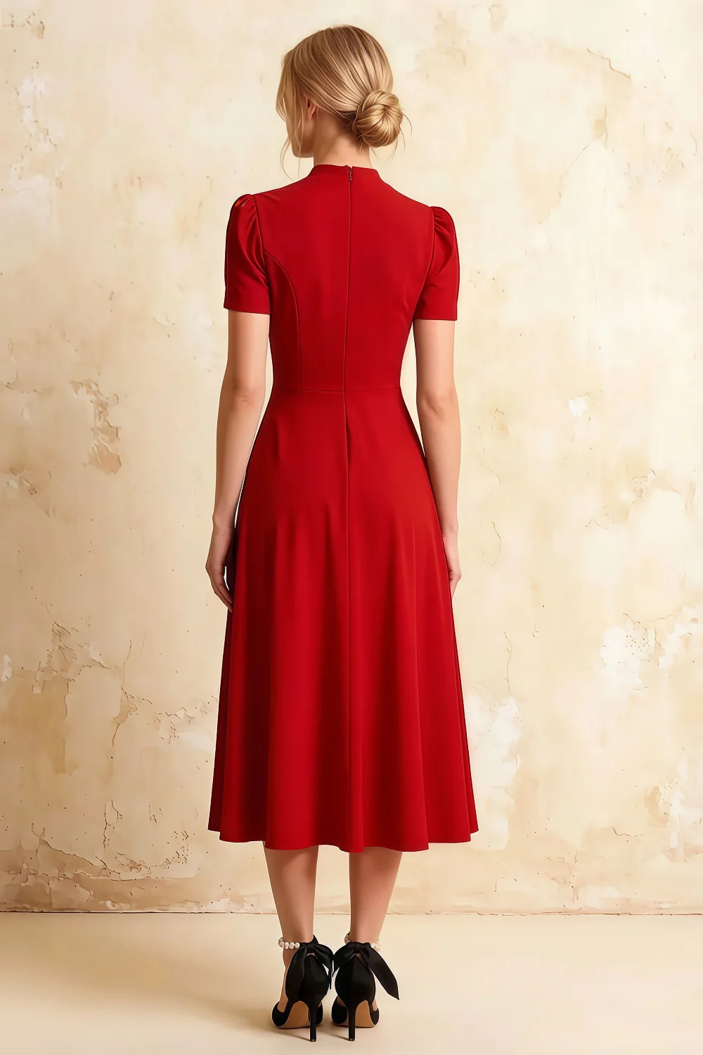 Iris Red Scuba Crepe High Neck Midi Dress