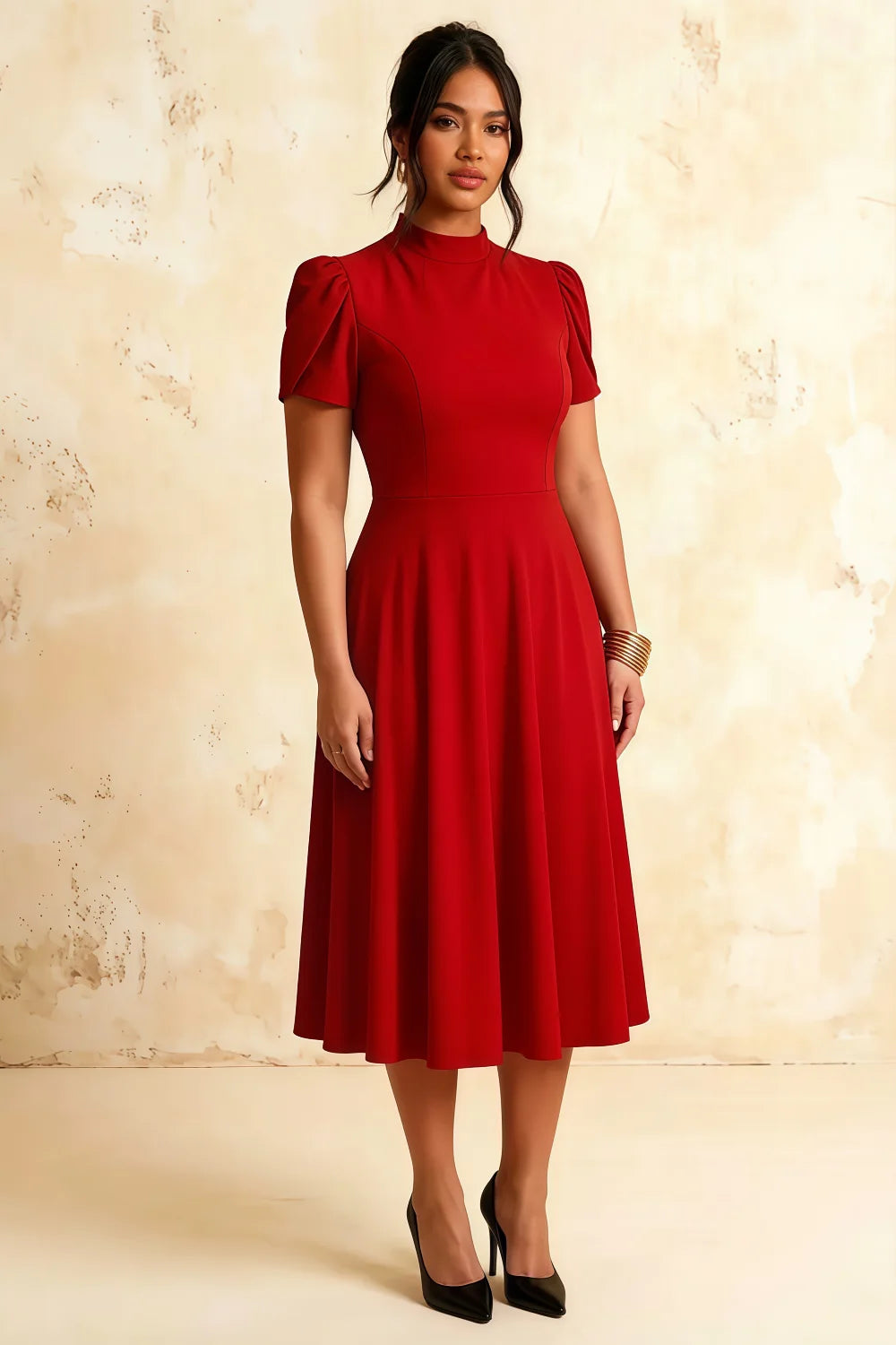 Iris Red Scuba Crepe High Neck Midi Dress