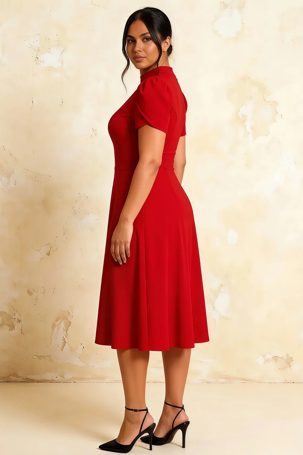 Iris Red Scuba Crepe High Neck Midi Dress