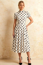 Iris White Polka Dot High Neck Midi Dress
