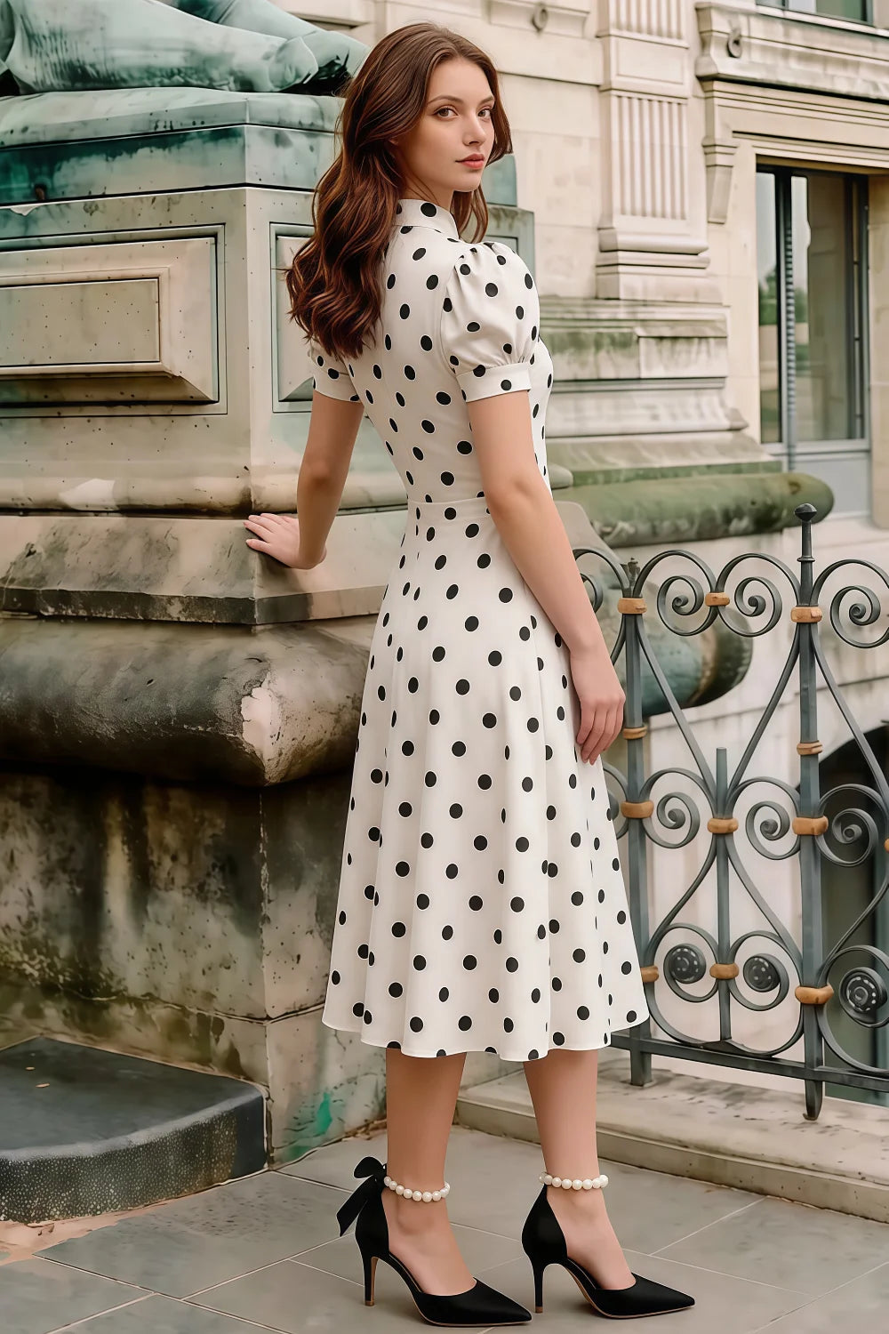 Iris White Polka Dot High Neck Midi Dress
