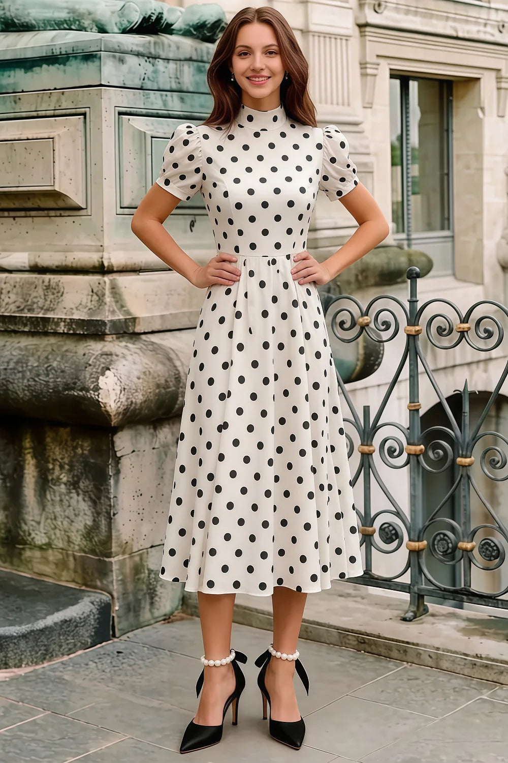 Iris White Polka Dot High Neck Midi Dress