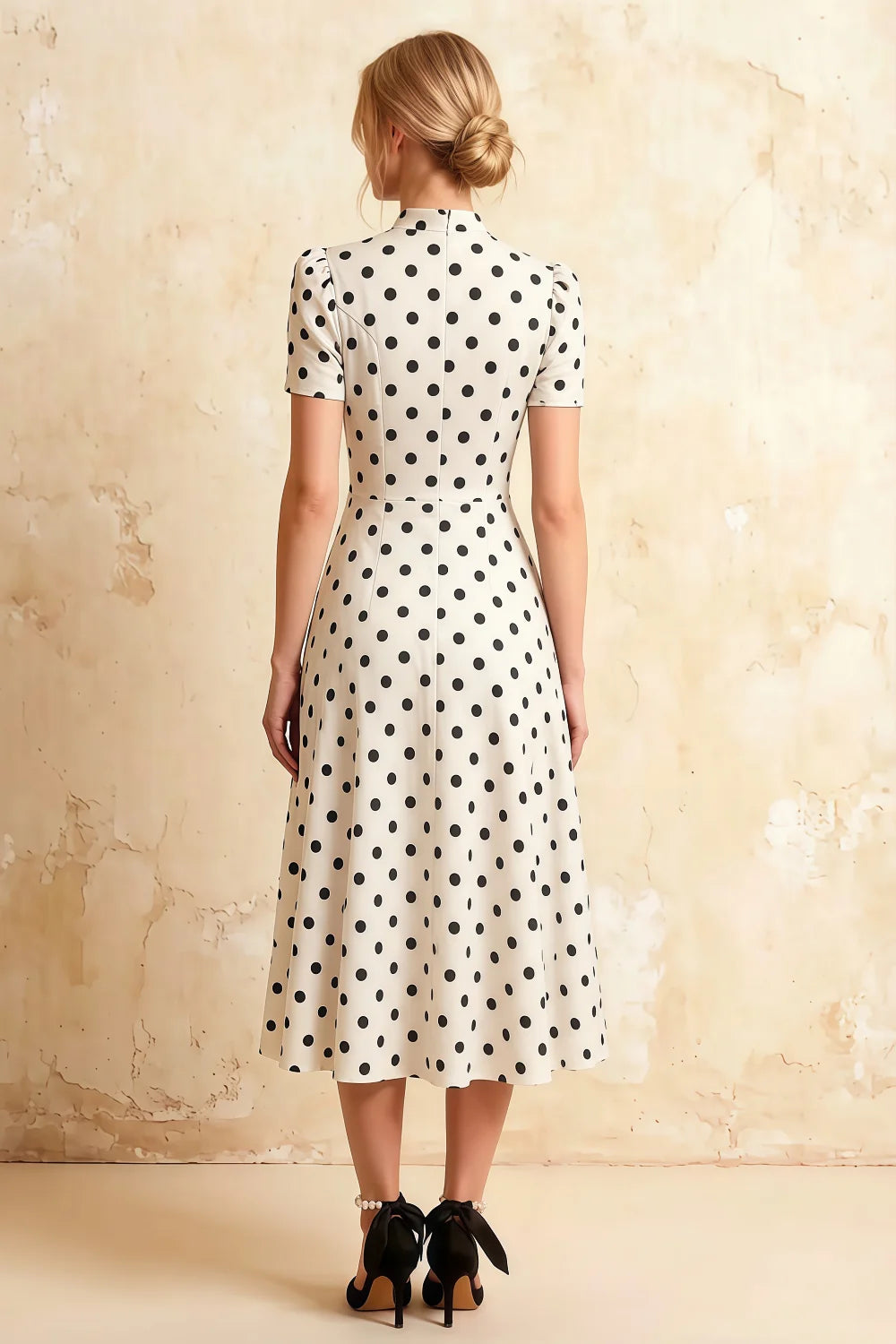 Iris White Polka Dot High Neck Midi Dress