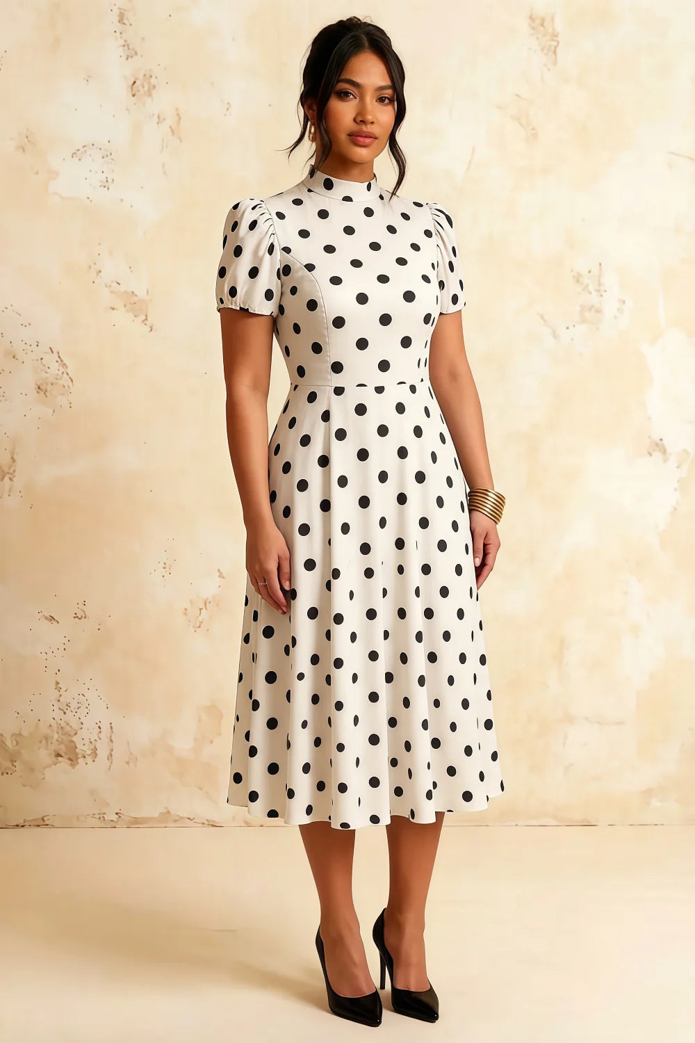 Iris White Polka Dot High Neck Midi Dress