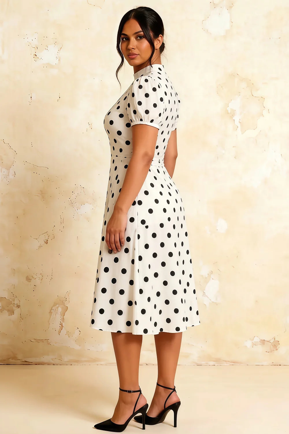 Iris White Polka Dot High Neck Midi Dress