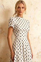 Iris White Polka Dot High Neck Midi Dress