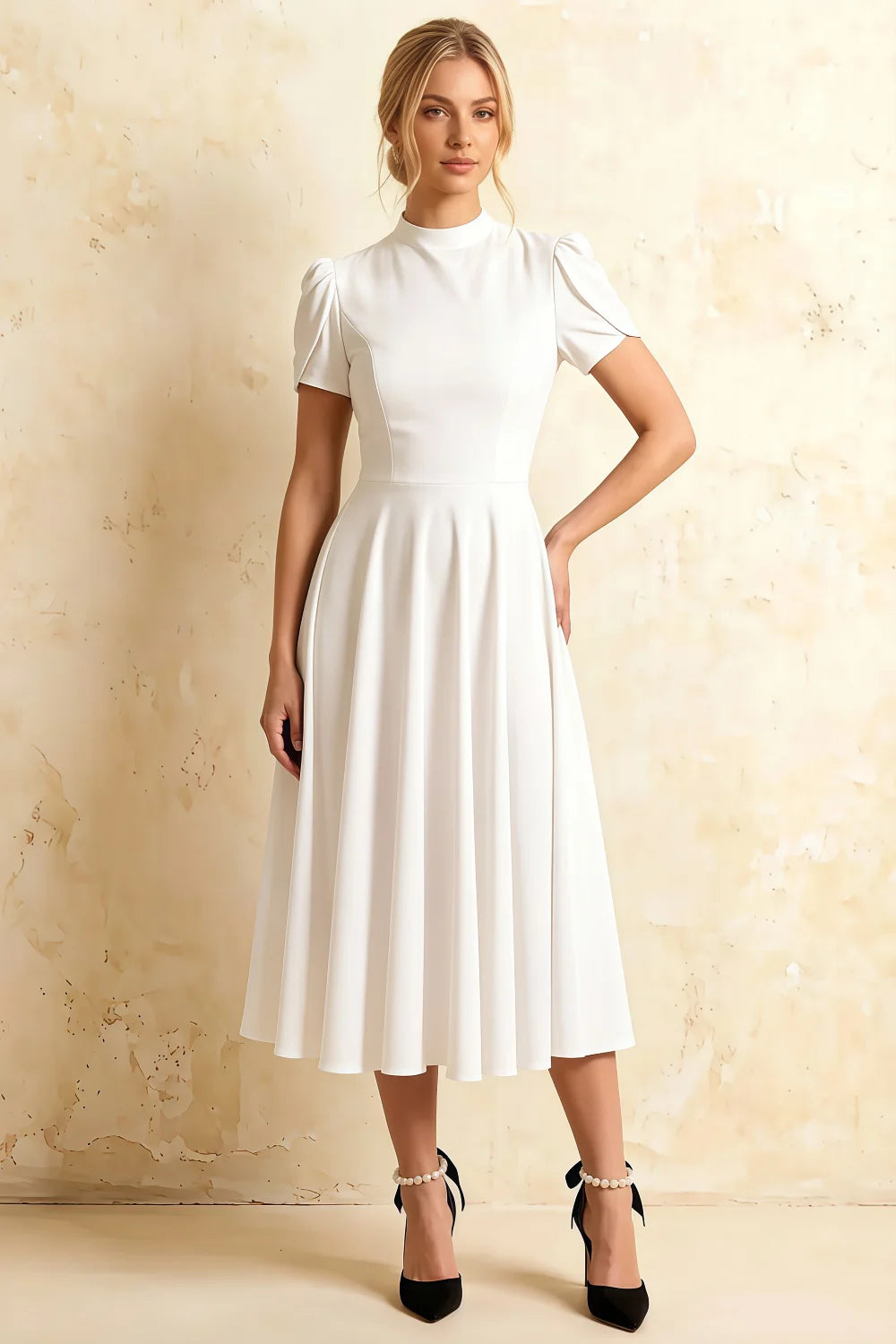 Iris White Scuba Crepe High Neck Midi Dress Main image