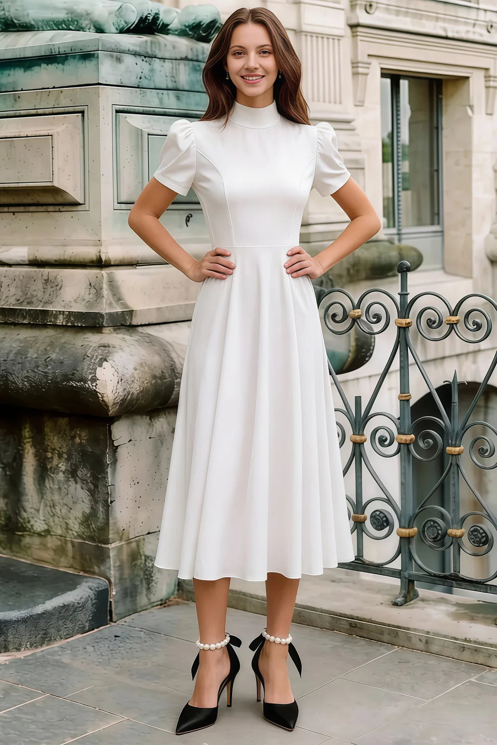 Iris White Scuba Crepe High Neck Midi Dress