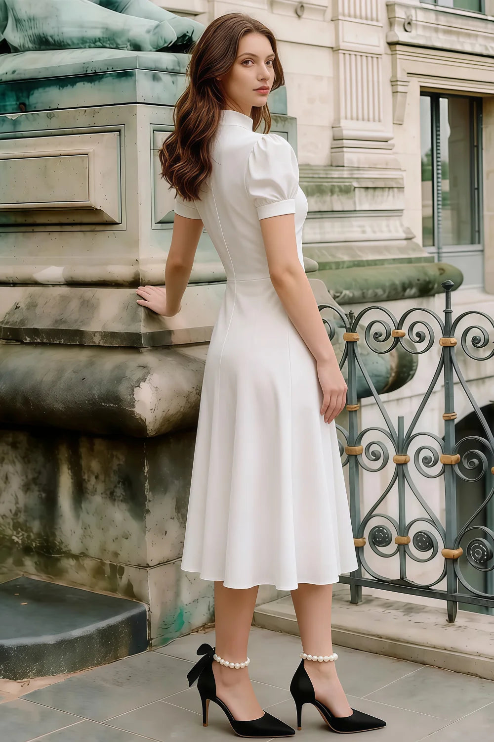 Iris White Scuba Crepe High Neck Midi Dress