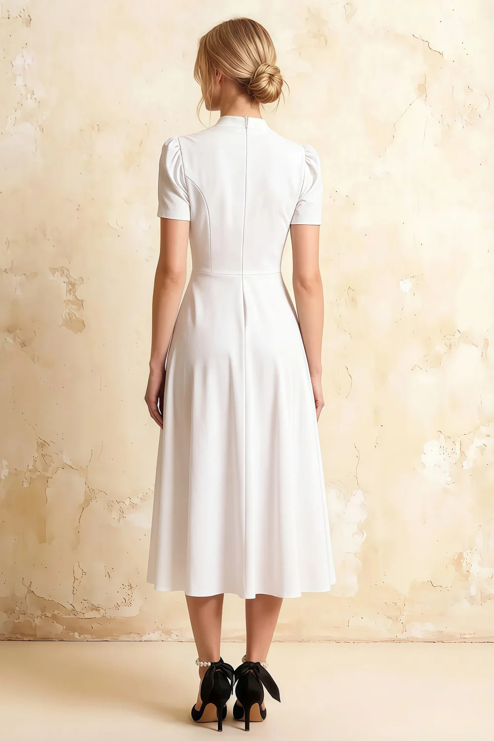 Iris White Scuba Crepe High Neck Midi Dress