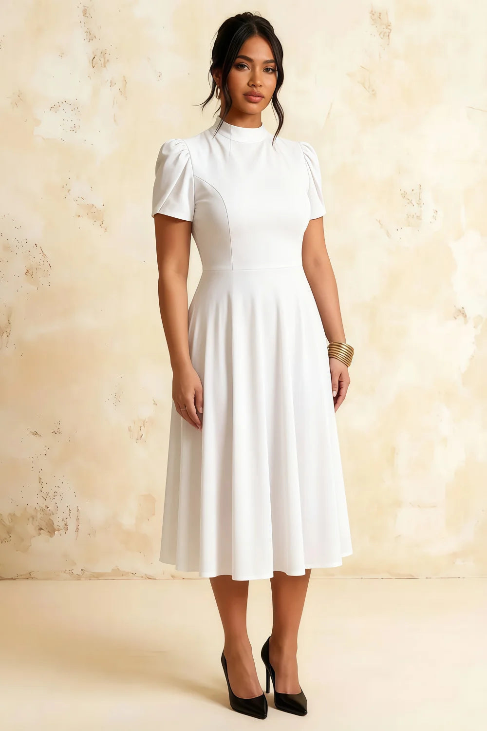 Iris White Scuba Crepe High Neck Midi Dress