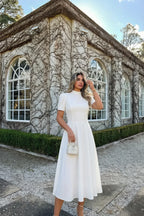 Iris White Scuba Crepe High Neck Midi Dress