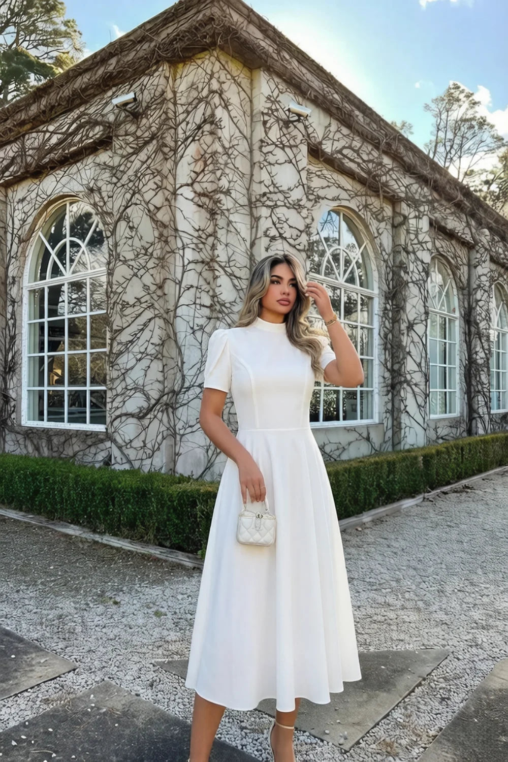 Iris White Scuba Crepe High Neck Midi Dress