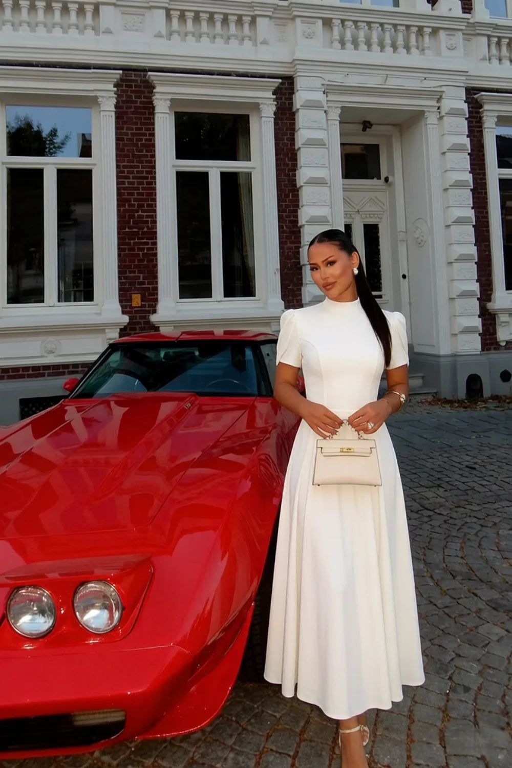 Iris White Scuba Crepe High Neck Midi Dress