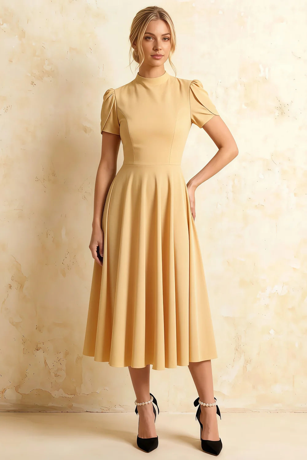 Vestido midi Iris amarillo de crepé scuba con cuello alto