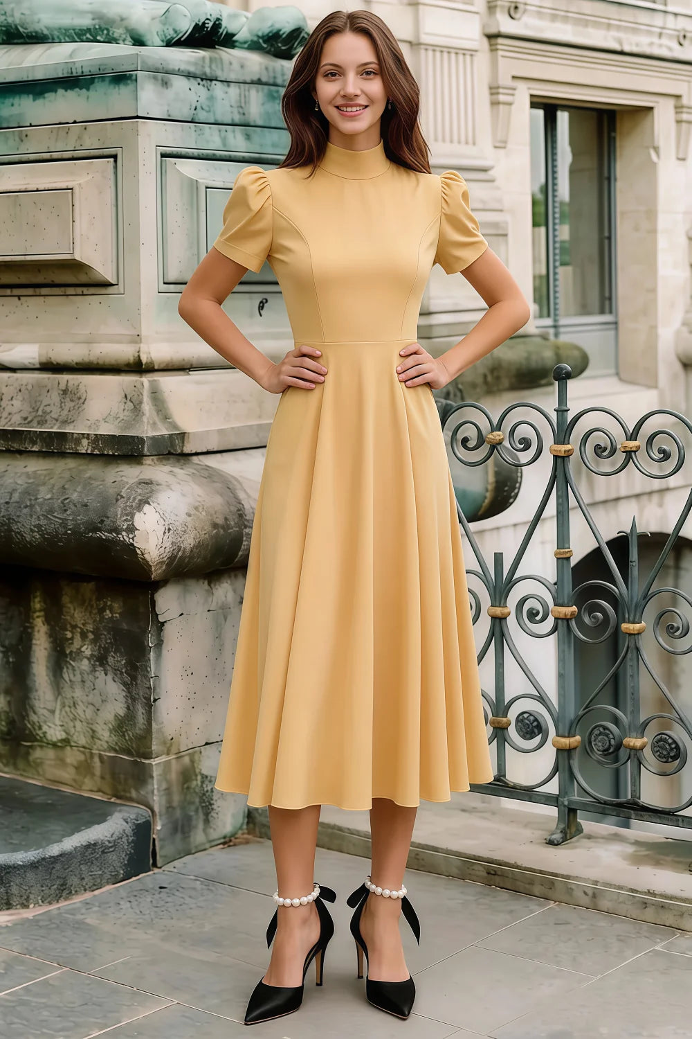 Iris Yellow Scuba Crepe High Neck Midi Dress Secondary image