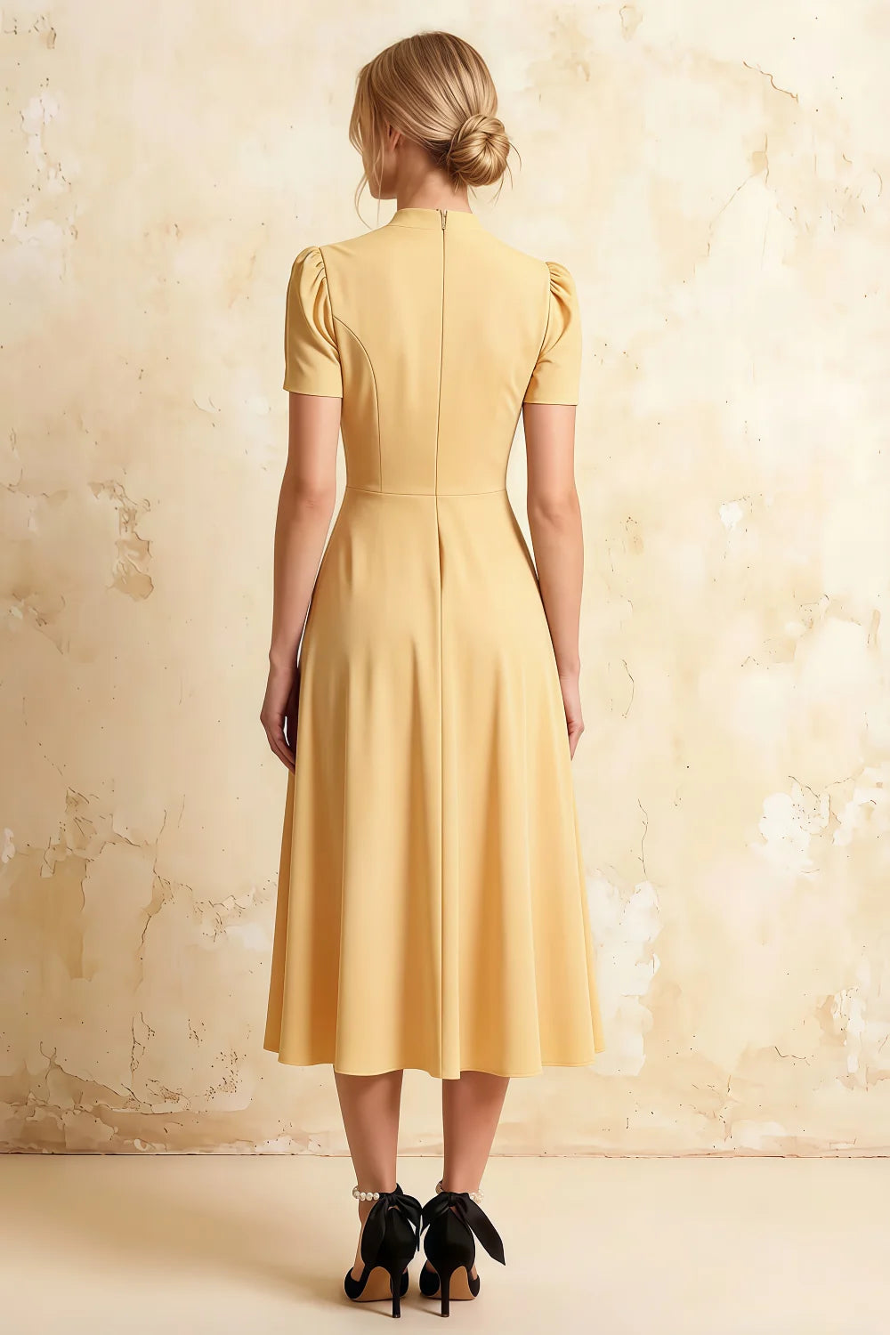 Vestido midi Iris amarillo de crepé scuba con cuello alto