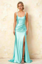Isabella Aqua Satin Square Neck Maxi Dress