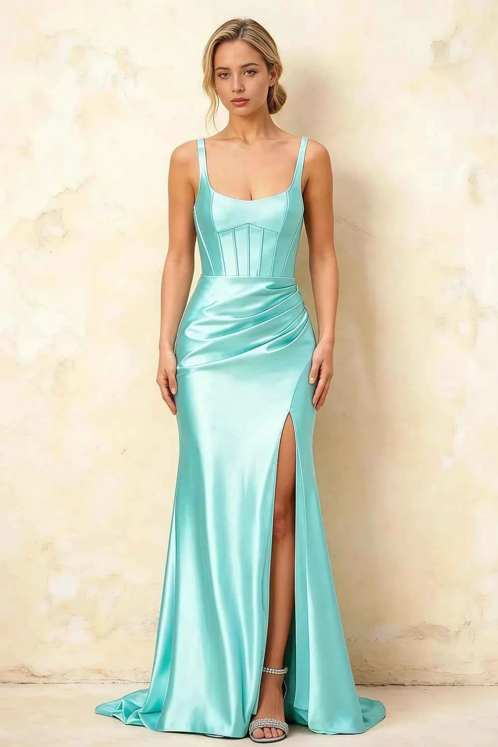 Isabella Aqua Satin Square Neck Maxi Dress