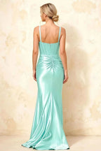 Isabella Aqua Satin Square Neck Maxi Dress
