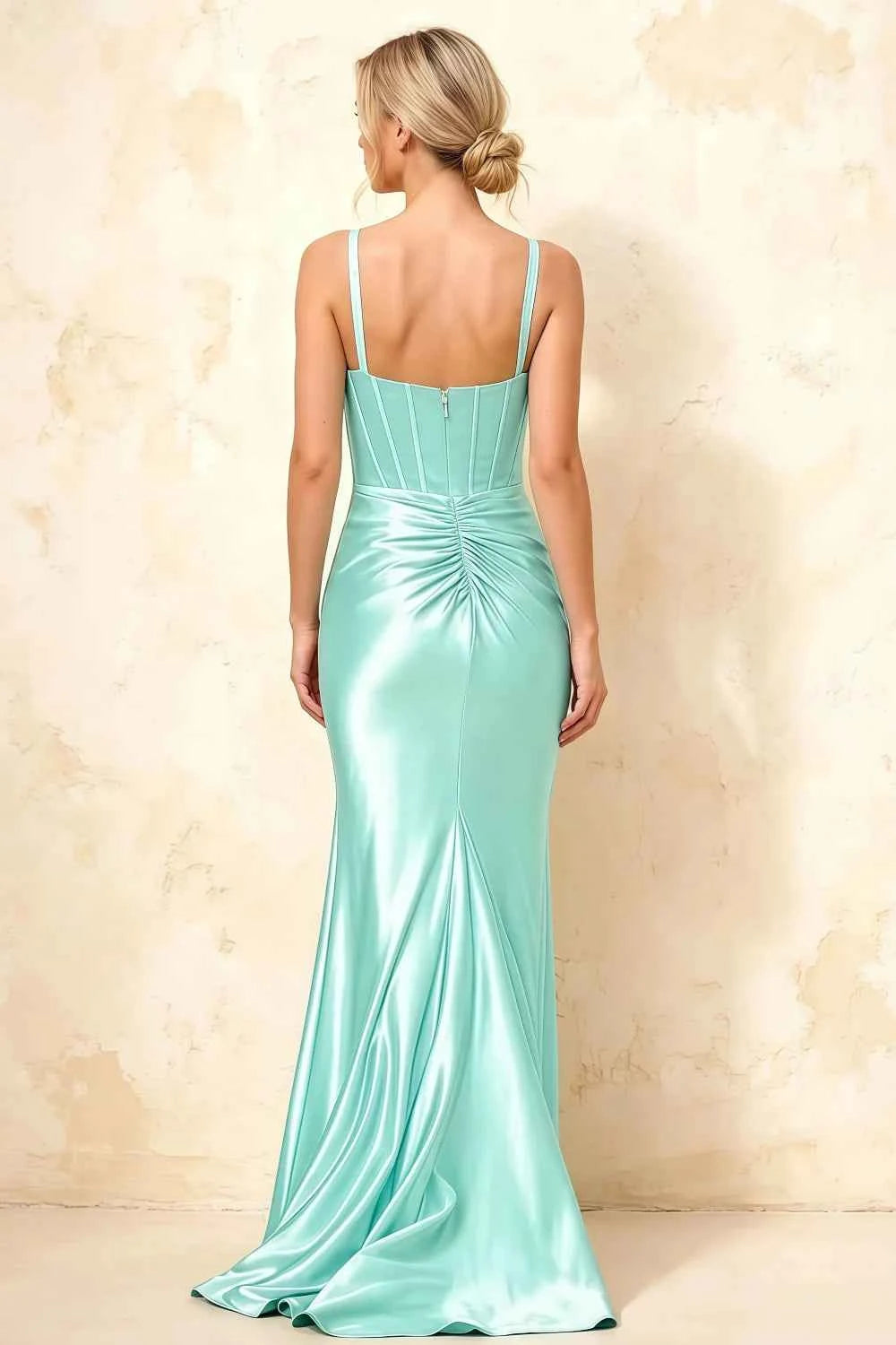 Isabella Aqua Satin Square Neck Maxi Dress