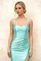 Isabella Aqua Satin Square Neck Maxi Dress