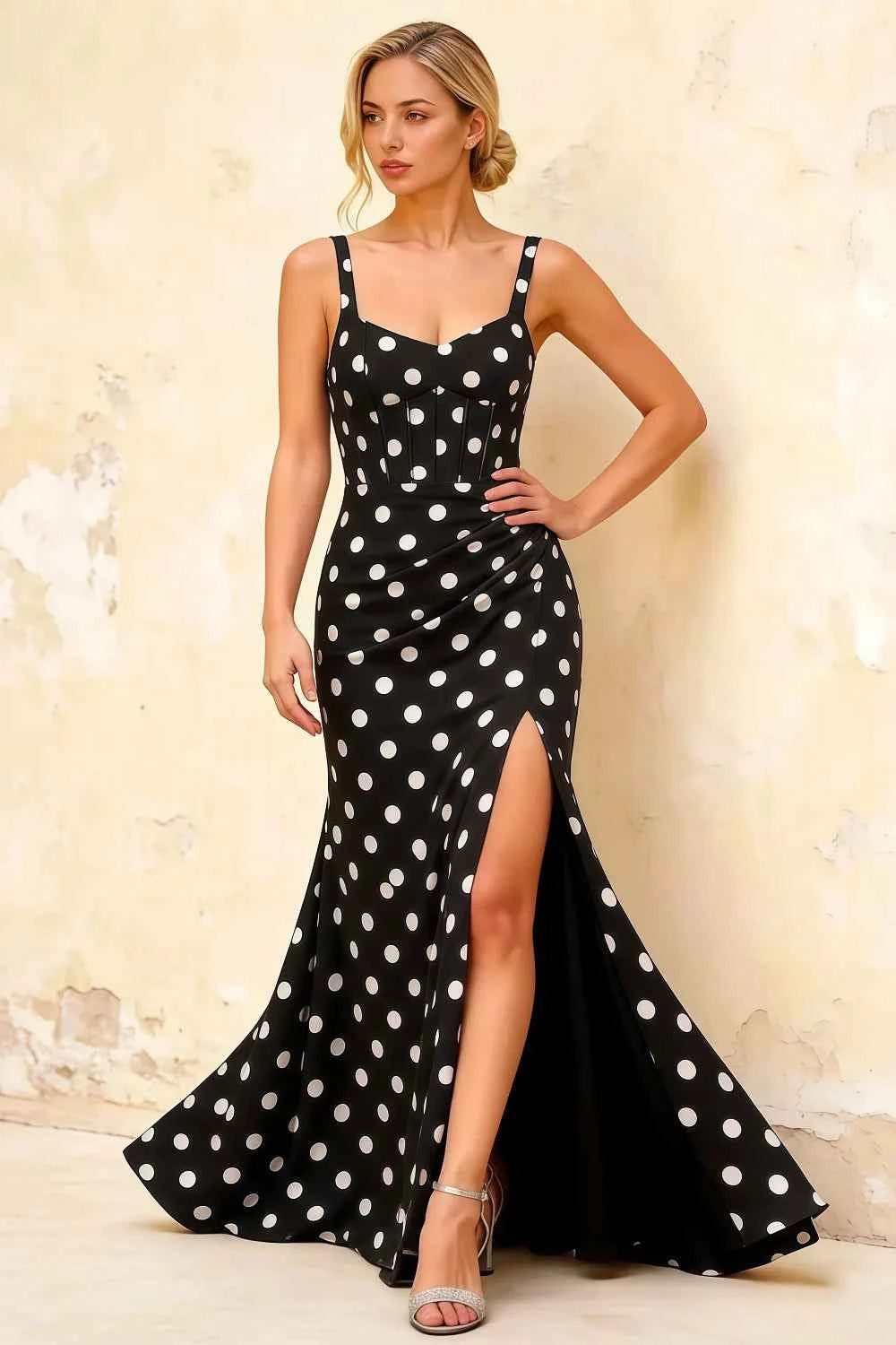 Isabella Black Polka Dot Square Neck Maxi Dress