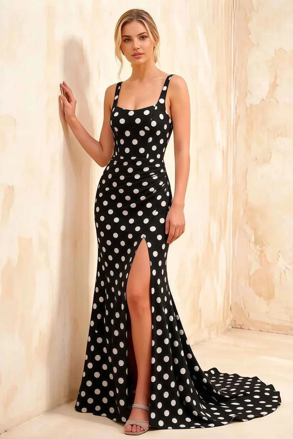 Isabella Black Polka Dot Square Neck Maxi Dress