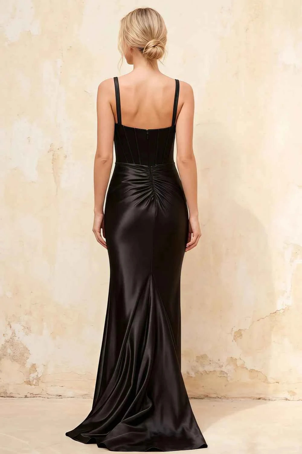 Isabella Black Satin Square Neck Maxi Dress