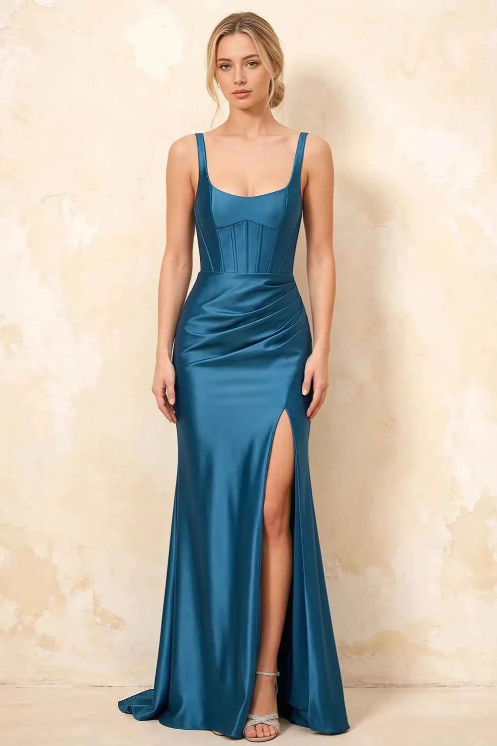Isabella Blue Satin Square Neck Maxi Dress