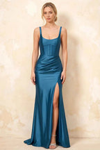 Isabella Blue Satin Square Neck Maxi Dress