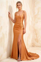 Isabella Bronze Satin Square Neck Maxi Dress