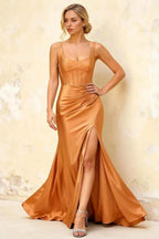 Isabella Bronze Satin Square Neck Maxi Dress