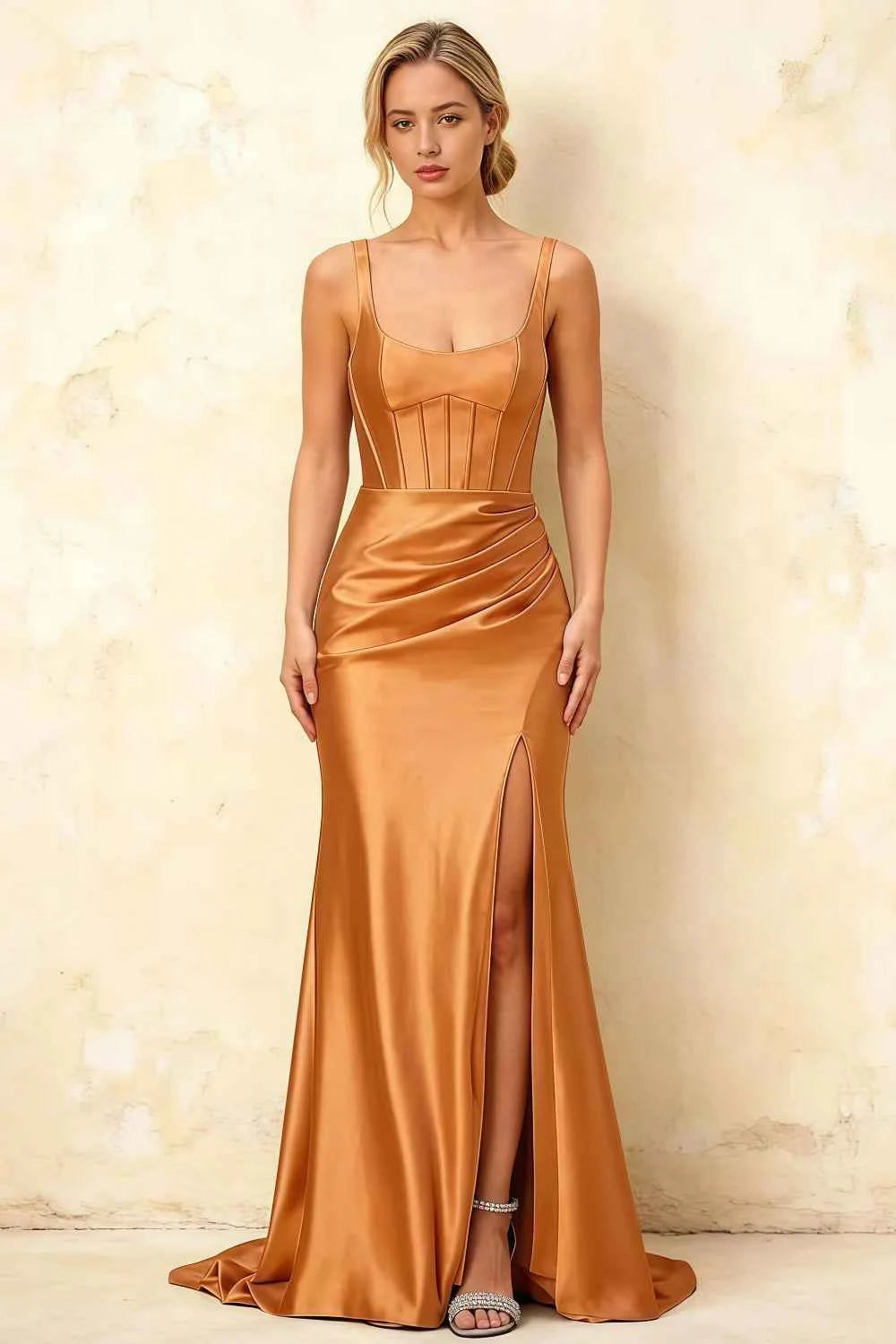Isabella Bronze Satin Square Neck Maxi Dress
